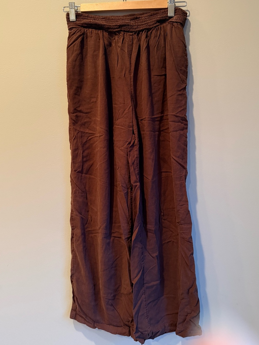 aerie Wide-Leg Brown Smocked Waist Pants Small Linen Blend
